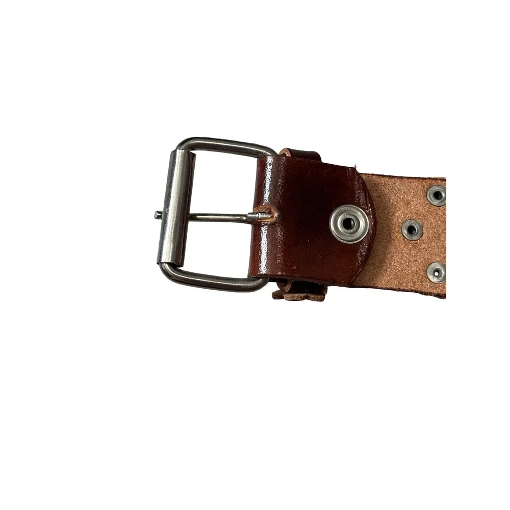 Y2K Brown Leather Floral Studded Belt Large 3D Flower Applique Boho 38in